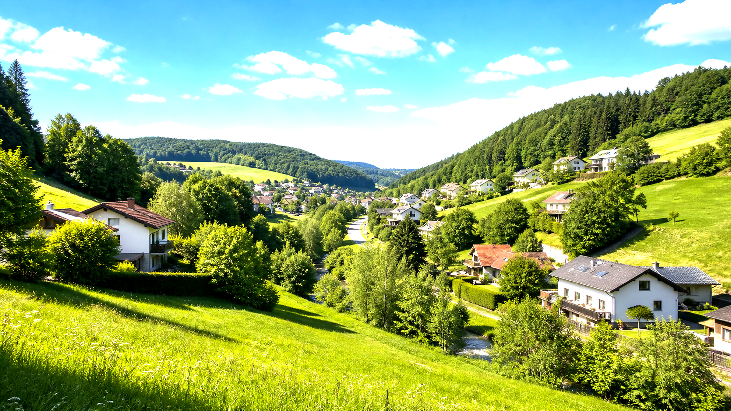 Bewaldeter Haselgraben mit Straße und Siedlungsbereichen nördlich von Linz